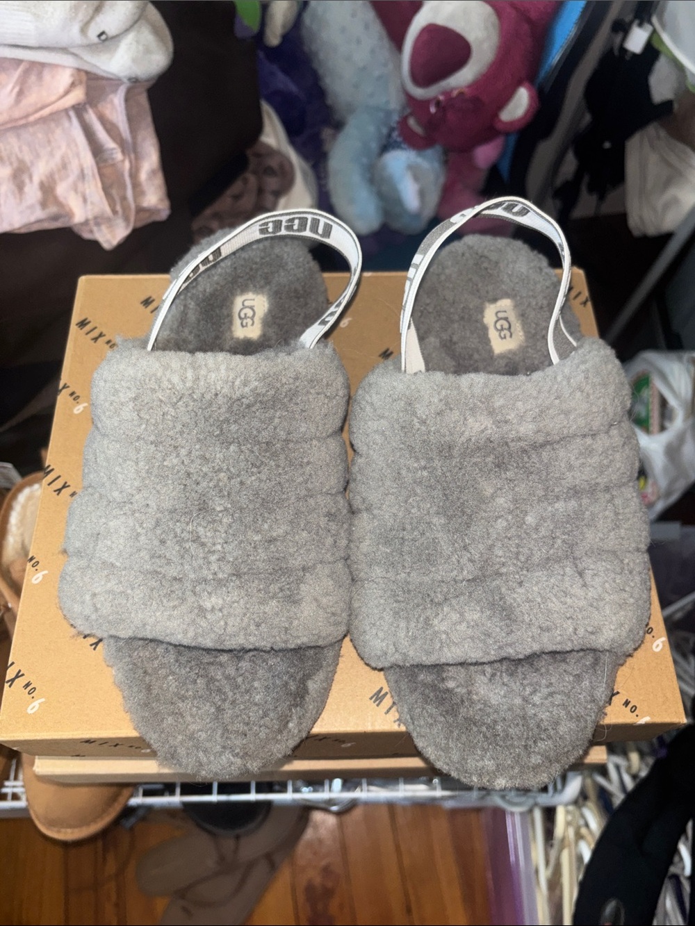 UGG Gray Plush Shearling Slingback Slide Sandals